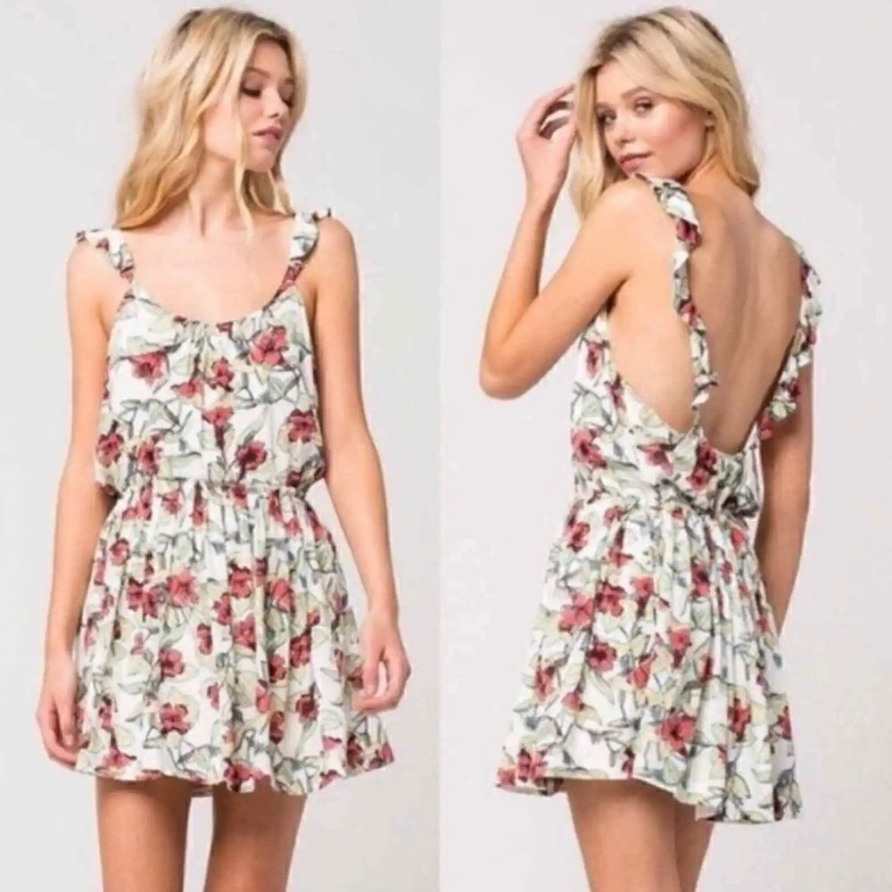 Free People Floral Ruffle Strap Mini Dress in White with Red Floral Print